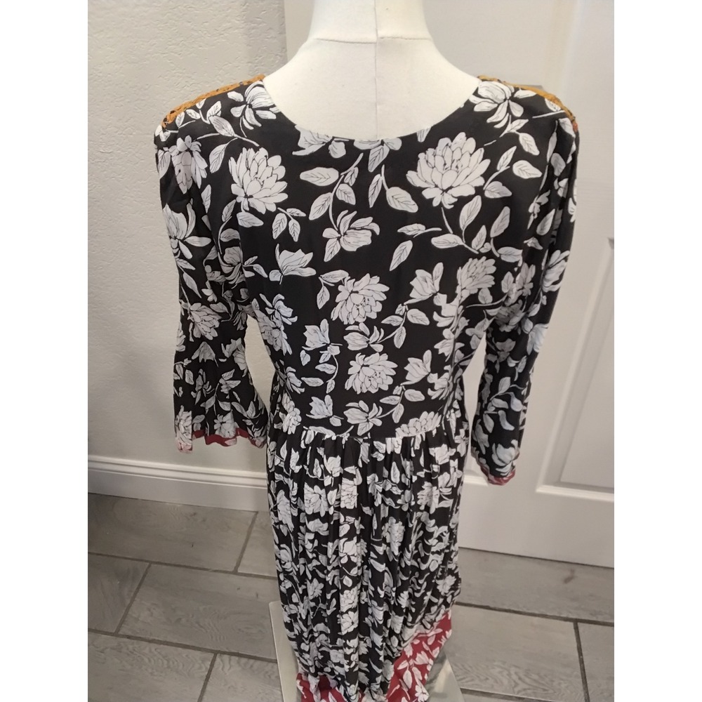 Boho Embroidered‎ Mirror Work Floral Maxi Dress Black White Yellow Long Sleeve - Picture 5 of 8